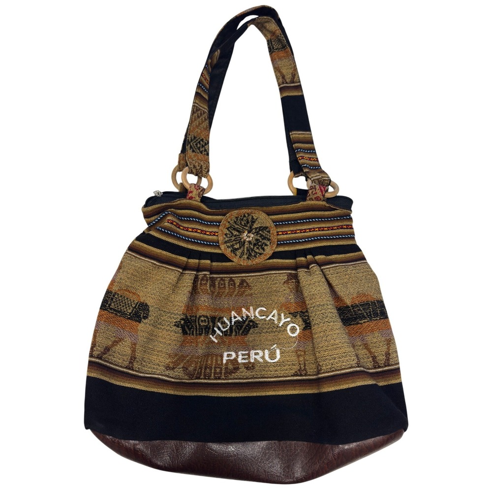 Vintage Huancayo Peru Woven Tapestry Shoulder Bag Llama Folk Art Boho Tote Brown
